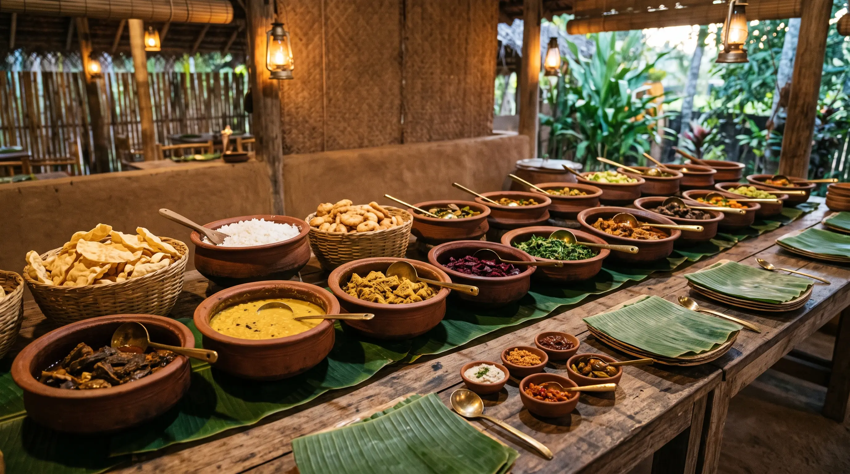 A long wooden table lined with terracotta clay pots of curries, papadam baskets and banana-leaf runners
