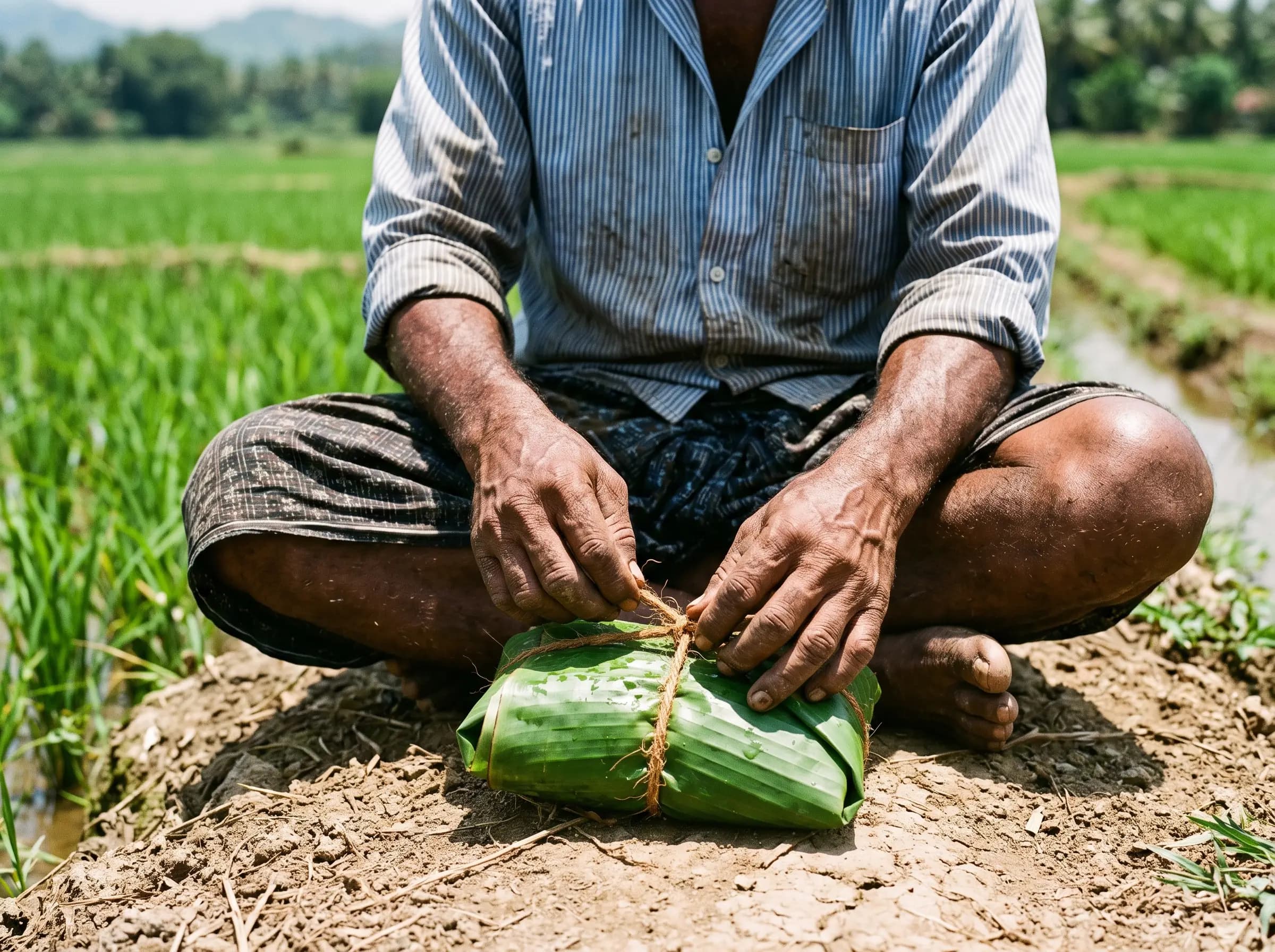 A farmer's hands untying a banana-leaf lunch packet on the paddy bund