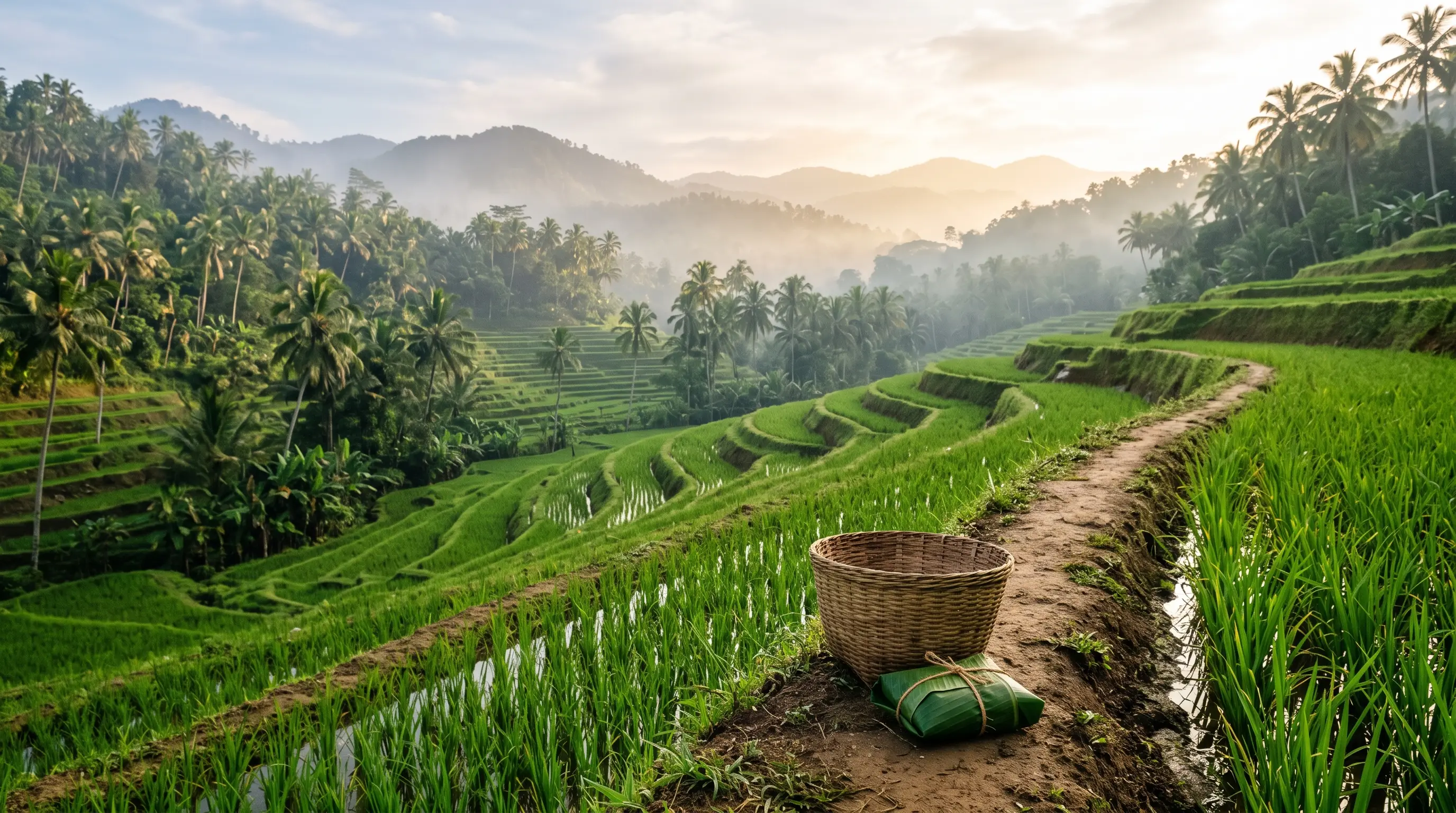 Emerald paddy terraces at dawn with a banana-leaf packet on the bund
